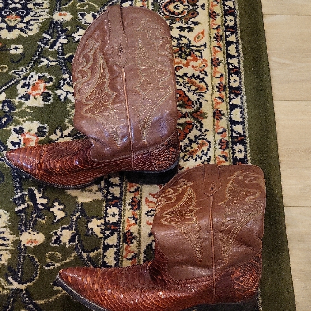 Used Brown Redish Leather and Python Skin Cowboy Boots